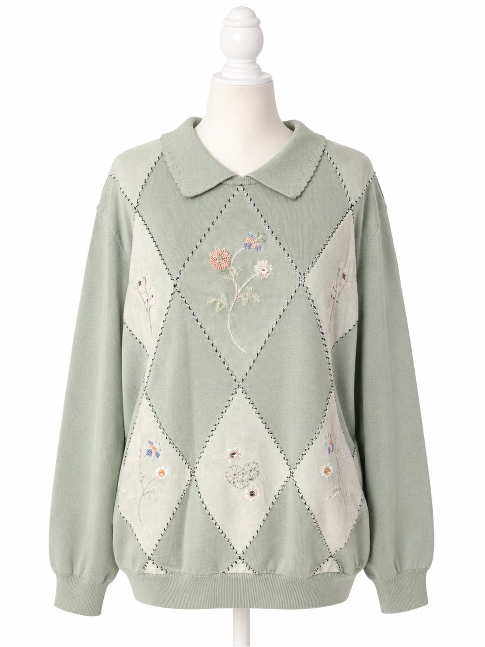 Alfred Dunner Pale Sage Collared Embroidered Diamond Sweater